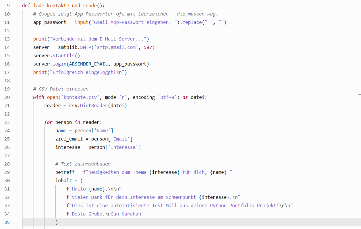 Code-Ausschnitt des E-Mail-Automatisierungs-Tools in Python