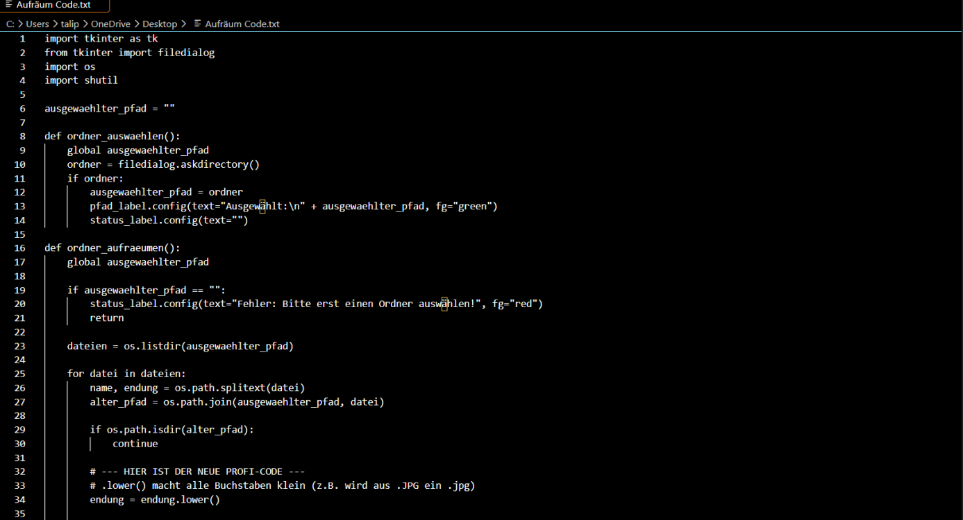 Code-Ausschnitt des Python Ordner-Aufräumers