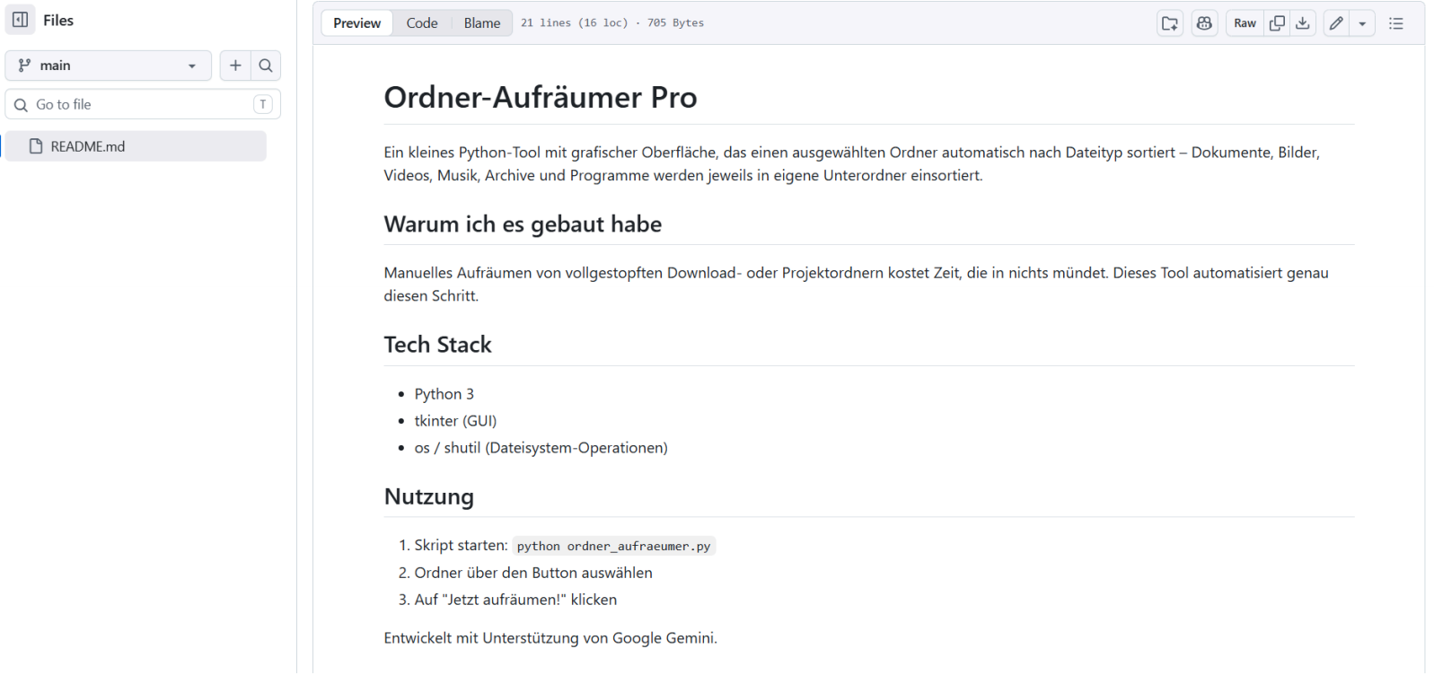 GitHub-Repository des Ordner-Aufräumer-Projekts